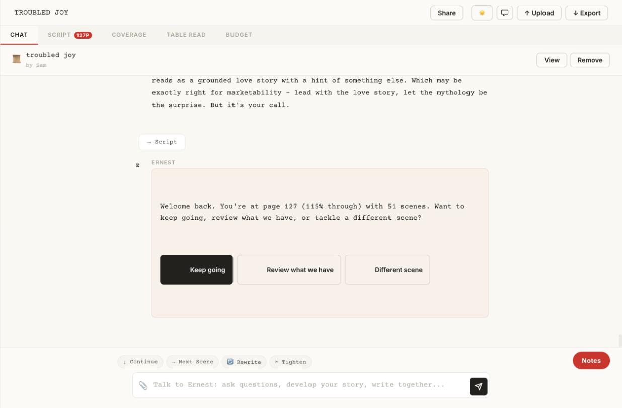 A conversation with Penn in Better Draft, with buttons to keep going, review, or pick a different scene