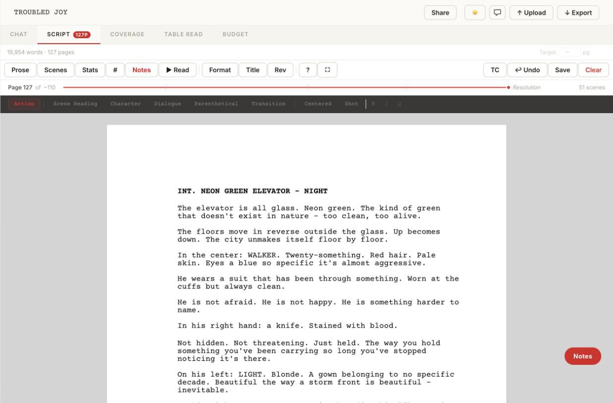 The Better Draft editor showing a screenplay page in standard format with a progress bar across the top